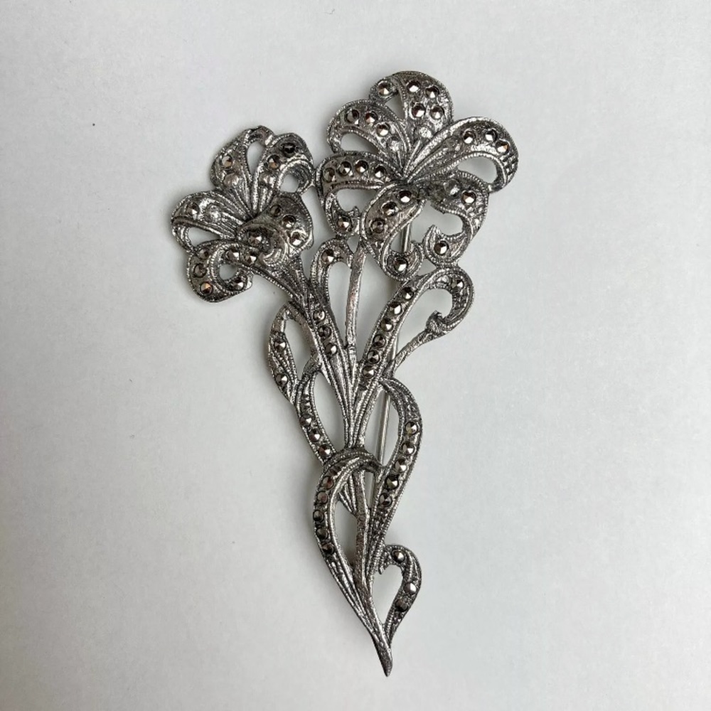 Vintage Sterling Silver Marcasite Floral Bouquet Brooch VTG Estate
